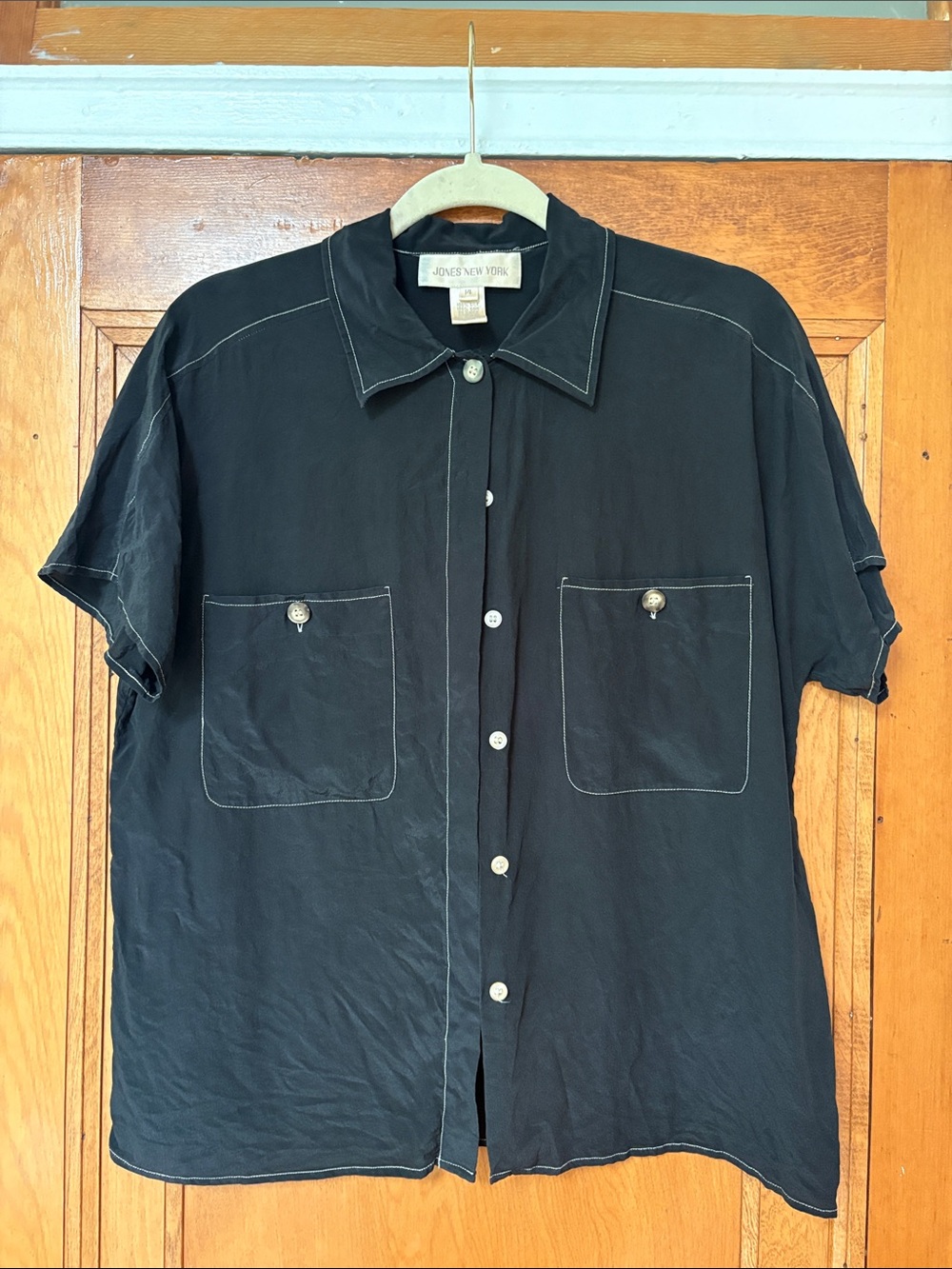 Jones New York Black Short Sleeve Button-Up Blouse 100 Percent Silk 100% Silk